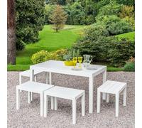Dmora - Ensemble de salon d'extérieur Sanremo, Composition de jardin avec 1 table rectangulaire et 4 bancs, Salon intérieur et extérieur de Pic Nic, 100% Made in Italy, Blanc
