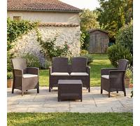 Dmora - Ensemble de Salon d'extérieur Urano, Salon de Jardin avec Coussins, Salon d'intérieur Effet rotin, 100% Made in Italy, Marron