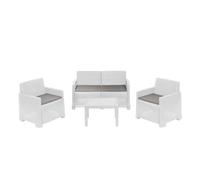 Dmora - Ensemble de Salon d'extérieur Vieste, Composition de Jardin avec 2 fauteuils, 1 canapé et 1 Table Basse, Effet rotin avec Coussins, 100% Made in Italy, Blanc