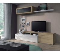 Dmora - Ensemble Mural Chino, Meuble TV de Salon réversible, Composition d'angle, 200x41h44 cm, Chêne et Blanc Brillant