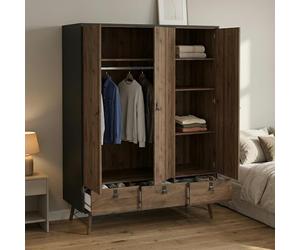 Dmora - Garde-Robe 3 Portes Augustine, Meubles de Chambre, Penderie de Plain-Pied, Placard à vêtements, 150x60 h200 cm, Noir et Noyer