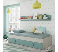 Dmora - Lit enfant Aqua, 201 x 98 x h 43 cm, blanc, vert aqua, Panneau effet bois