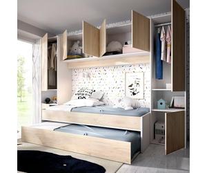Dmora - Lit Enfant Venturosa, Chambre complète avec Armoire Pont et Commode, Composition avec lit et lit gigogne Simple, 303x97h203 cm, Chêne et Blanc