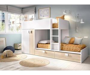 Dmora - Lit pour Enfants Breithorn, Chambre complète avec Armoire et tiroirs, Composition de Lits superposés avec Deux Lits Simples, 275x108h150 cm, Blanc et Chêne
