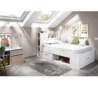 Dmora - Lit Enfant Crystal, Lit pour Chambre avec tête de lit, Cadre de lit Simple avec tiroir et étagères, 218x99h96 cm, Blanc