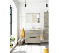 Dmora Meuble de salle de bain 2 tiroirs avec miroir pour vasque à poser, coloris chêne, 80 x 80 x 45 cm