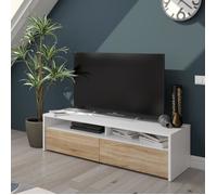 DMORA Meuble de salle de bains Henderson, Buffet moderne pour télévision de salon avec 2 portes, 130x40h36 cm, Blanc brillant