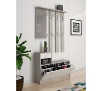 Dmora - Meuble d'entrée Clint, Hall d'entrée moderne avec miroir et étagère à chaussures, Meuble multifonction 100x25x180 cm, Blanc et Ciment