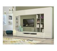 Dmora - Meuble haut Azuro, 290x40xh192 cm, Blanc brillant, Ciment, Panneau effet bois et Verre