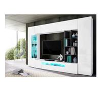 Dmora - Meuble mural Andy, 290x40xh192 cm, Blanc brillant, Ardoise, Panneau effet bois et Verre