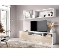 Dmora - Meuble Mural Gabberi, Composition du Salon, Meubles de Salon Polyvalents, Meuble télé, 180x35 h44 cm, Blanc et Chêne Clair