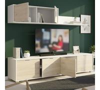 Dmora Meuble Mural Galliner, Composition du Salon, Meubles de Salon Polyvalents, Meuble télé, 200x40 h43 cm, Blanc et Chêne Clair