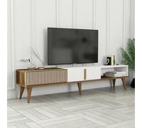 Dmora - Meuble TV Aquila, Buffet de Salon, Armoire Basse pour TV, Base Murale de Rangement, 180x35h40 cm, Noyer et Blanc