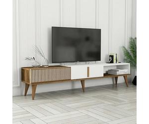 Dmora - Meuble TV Aquila, Buffet de Salon, Armoire Basse pour TV, Base Murale de Rangement, 180x35h40 cm, Noyer et Blanc
