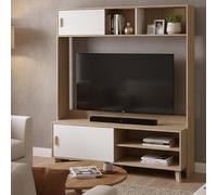 Dmora - Meuble TV Emeline, Buffet de Salon, Armoire Basse pour TV, Base Murale de Rangement, 159x48 h181 cm, Chêne Clair et Blanc