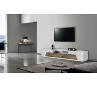 Dmora - Meuble TV Gregorio, Buffet Bas de Salon avec 4 Portes, Base pour Meuble TV, 100% Made in Italy, 260x43h46 cm, Blanc Brillant et érable
