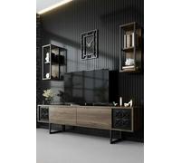 Dmora - Meuble TV Kaus, Buffet de Salon, Armoire Basse pour TV, Base Murale de Rangement, 180x30h48 cm, Noyer et Noir