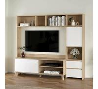 Dmora - Meuble TV Nanette, Buffet de Salon, Armoire Basse pour TV, Base Murale de Rangement, 209x48 h183 cm, Chêne Clair et Blanc