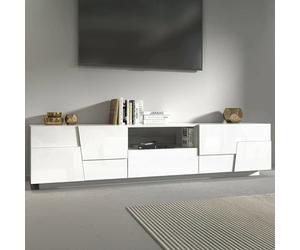 Dmora - Meuble TV Vanni, Buffet Bas de Salon avec 4 Portes et 1 tiroir, Base Meuble TV, 220x44h46 cm, Blanc Brillant