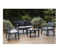 Dmora Salon et extérieur composé de: 2 fauteuils, canapé deux places et table basse, avec coussins, Made in Italy, Anthracite
