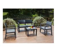 Dmora - Set salon d’extérieur Carpi, Salon de jardin composé de 2 fauteuils, 1 canapé et 1 table basse effet rotin, Anthracite