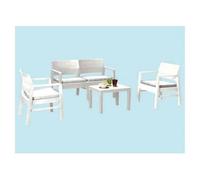 Dmora Set salon d’extérieur Dauter, Salon de jardin composé de 2 fauteuils, 1 canapé et 1 table basse, Blanc