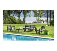 Dmora Set salon d’extérieur Dgyas, Salon de jardin composé de 2 fauteuils, un 1 canapé et 1 table basse avec coussins, Anthracite