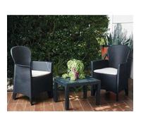 Dmora - Set salon d’extérieur Foggia, Salon de jardin composé de 2 fauteuils et 1 table basse, Effet rotin avec coussins, Anthracite