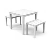 Dmora - Set salon d’extérieur Moncalieri, Ensemble de jardin avec 1 table carrée et 2 bancs, Blanc