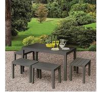 Dmora - Set salon d’extérieur Sanremo, Ensemble de jardin avec 1 table rectangulaire et 4 bancs, Ensemble Pic Nic, Anthracite