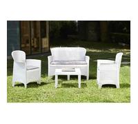 Dmora Set salon d'extérieur Ostuni, Salon de jardin composé de 2 fauteuils, 1 canapé et 1 table basse avec coussins, Blanc