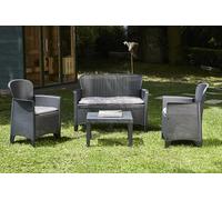 Dmora - Set salon d'extérieur Ostuni, Salon de jardin composé de 2 fauteuils, 1 canapé et 1 table basse, Coin salon effet rotin avec coussins, 100% Made in Italy, Anthracite