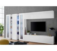 Dmora - Système Mural Clemente, Meuble TV 5 Portes, Meuble de Salon Polyvalent, 100% Made in Italy, 340x30h180 cm, Blanc Brillant