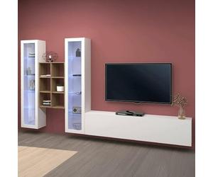 Dmora - Système Mural Eros, Meuble TV 3 Portes, Meuble de Salon Polyvalent avec vitrine et lumière LED, 100% Made in Italy, 320x30h180 cm, Blanc Brillant