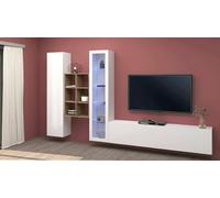 Dmora - Système Mural Eugenio, Meuble TV 3 Portes, Meuble de Salon Polyvalent avec vitrine et lumière LED, 100% Made in Italy, 320x30h180 cm, Blanc Brillant