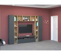 Dmora - Système Mural Gilberto, Meuble TV 3 Portes, Meuble de Salon Polyvalent, 100% Made in Italy, 270x35h210 cm, Anthracite et Chêne