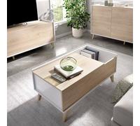 Dmora - Table Basse Cuna, Porte-revues de Salon avec Compartiment de Rangement, Table Basse élévatrice Basse, 99x60h41 cm, Chêne et Blanc