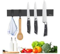 Dmore Barre magnétique de 30 cm pour couteaux avec 2 crochets, porte-couteaux magnétique noir sans perçage, support magnétique puissant pour couteaux, ruban adhésif et vis inclus pour couteaux