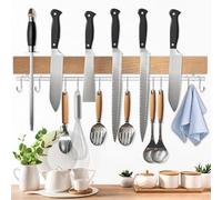Dmore Barre magnétique pour couteaux avec 10 crochets, 43 cm, porte-couteaux magnétique en bois, avec aimant extra puissant, ruban adhésif et vis inclus