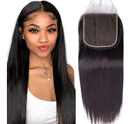 DMS Cheveux brésiliens raides ondulés 10,2 x 10,2 cm avec fermeture en dentelle 100 % cheveux humains non traités, couleur naturelle, 25,4 cm