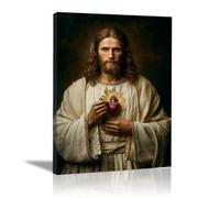 DMZPKZB Décoration murale Jésus-Christ Jésus et le Sacré - cœur Peintures murales d'un style nostalgique, décoration religieuse pour salon,chambre,bureau,église(Blanc)-60x90cm Encadrée