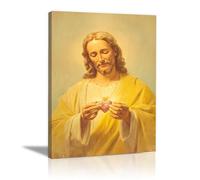 DMZPKZB Décoration murale Jésus-Christ Sacré - cœur de Jésus Peintures murales d'un style nostalgique, décoration religieuse pour salon,chambre,bureau,église(Jaune)-60x90cm Encadrée