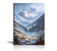 DMZPKZB Nature Paysage Impression, Cascade de la montagne enneigée Art mural pour Salon Salle de bain Bureau Décoration Murale - 50x70cm Encadrée(blanc)