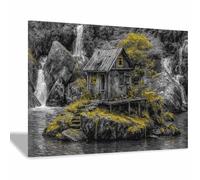DMZPKZB Noir Et Blanc Peinture Toile Tableau Maison en bois de montagne Moderne Decoration à La Maison,affiche murale Art,pour chambre à coucher,salon,cafés(Couleur noir et blanc)-70x100cm Encadrée