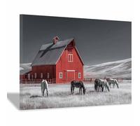 DMZPKZB photo noir et bnc Grange rouge avec troupeau de chevaux Toile non tissée,posters muraux,Grand Tableaux Decoratifs Muraux,pour Salle de BainsSalon(Couleur noir et bnc)-30x45cm Encadrée