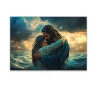 DMZPKZB Toile murale Jésus, Femme en mer Tableau décoratif représentant Jésus en prière, pour salon, chambre à coucher, église - 70x100cm Sans cadre(Bleu marine)