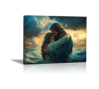 DMZPKZB Toile murale Jésus, Femme en mer Tableau décoratif représentant Jésus en prière, pour salon, chambre à coucher, église - 60x90cm Encadrée(Bleu marine)