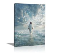 DMZPKZB Toile représentant le Christ et Dieu Jésus marchant sur les eaux Murale Jésus-Christ, l'inspiration décoration religieuse pour l'église, le bureau, le salon(Blanc)-70x100cm Encadrée