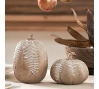 DN DECONATION Lot de 2 citrouilles décoratives d'automne - Décoration de table en forme de citrouille marron avec feuilles sculptées en résine - Citrouilles décoratives pour Thanksgiving, Halloween et