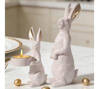 DN DECONATION Lot de 2 figurines de lapin de Pâques beige avec accents dorés et porte-bougie chauffe-plat, statue de lapin en résine pour décoration d'intérieur élégante, centre de table de mariage